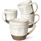 Artena Ceramic Coffee Mugs Set of 4, 16oz Embossed Large Latte Mugs Coffee Cups with Handle for Tea, Latte, Cappuccino & Cocoa, Milk Dishwasher & Microwave Safe, White (Multiple Patterns)
