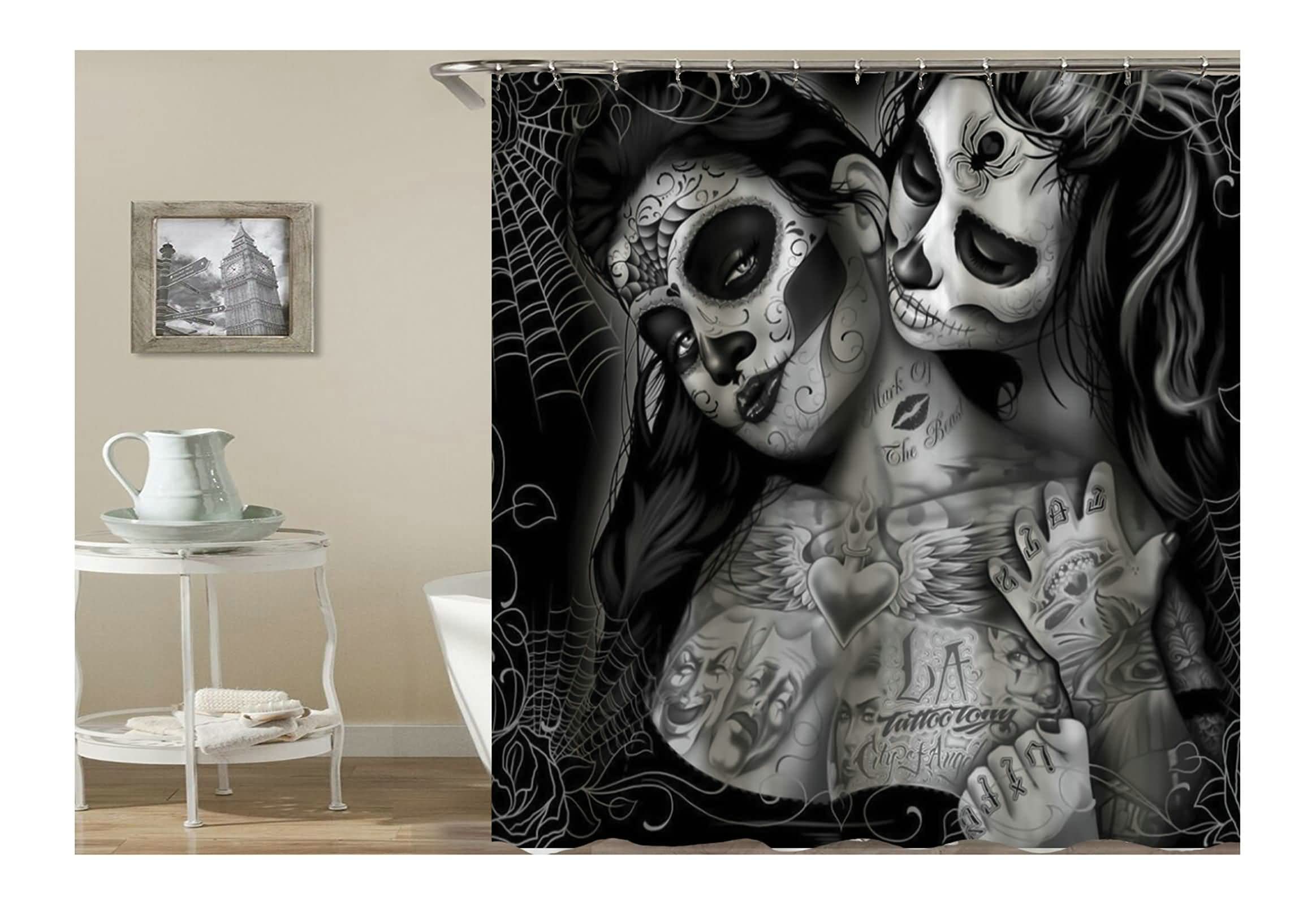 KnSam Shower Curtain Anti-Mold Waterproof Curtains to Bath Bath Curtain for Bathroom Gothic Skull Tattoo Women with 12 Shower Curtain Rings 150x180cm
