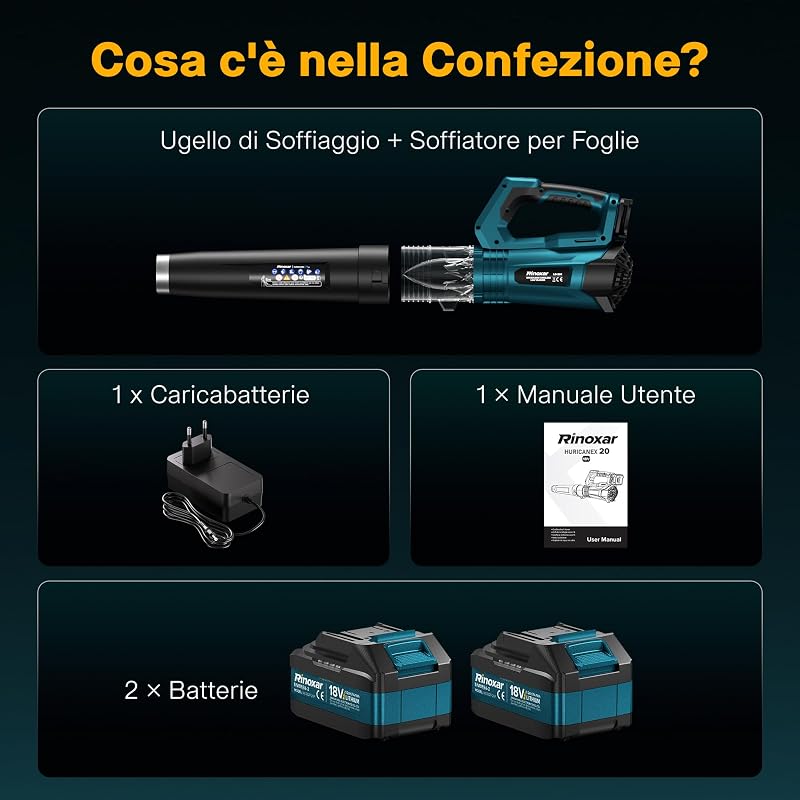Soffiatore a Batteria Professionale, Motore Brushless, 4 Velocità + Turbo