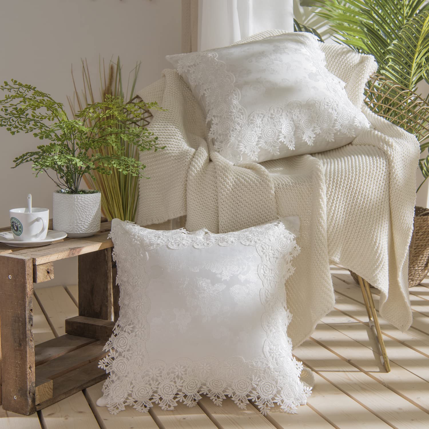 Embroidery Euro Pillow Shams, Luxury White Lace Euro Shams, Vintage Farmhouse Chic Rose Pattern Throw Pillow Covers, High-End Carved Art for Bedroom, Living Room, and Gift,26x26 Inch 66x66 cm,Set of 2