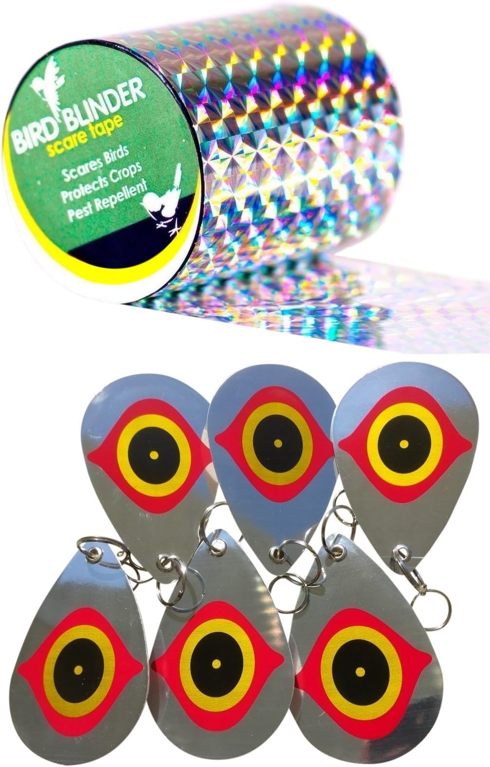 Bird Blinder - Bird Repellent Bundle - Scare Tape and 6 Deterrent Disks