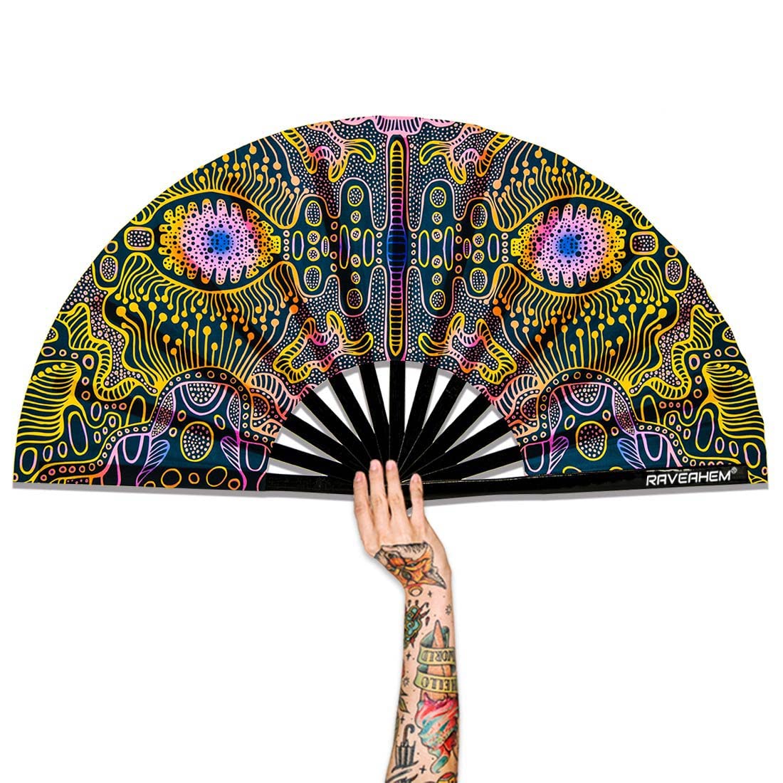 Photo 1 of Raveahem UV Glow Rave Fan, Bamboo Folding Clack Hand Fan for Men Women (Space Psychedelic, Large 13")