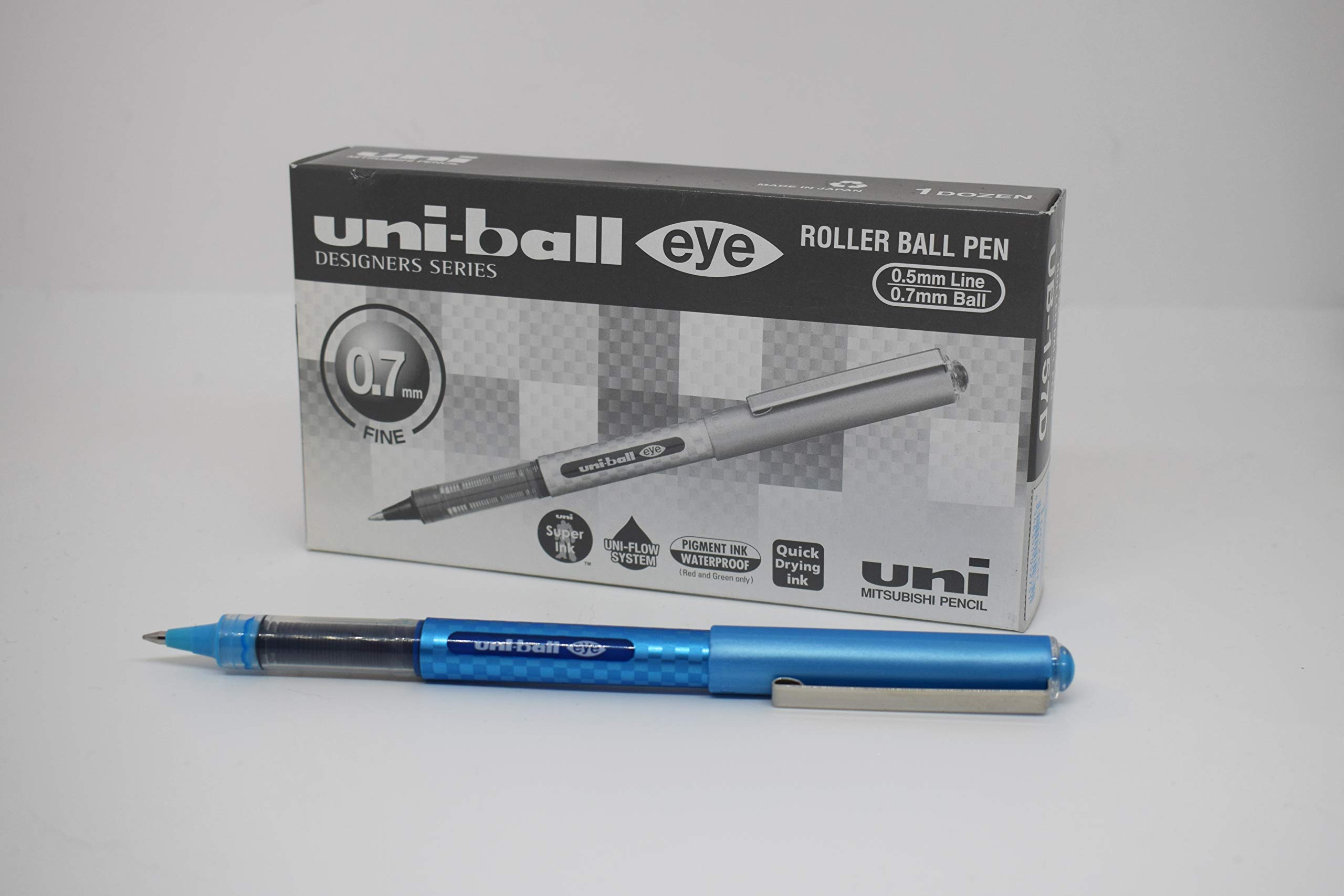 uni-ball UB-157D Eye Designer Rollerball Pens. Premium Medium 0.7mm Ballpoint Tip for Super Smooth Handwriting, Art and Drawing. Fade and Water Resistant Liquid Uni Super Ink. Box of 12 Light Blue