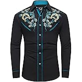 EL PIONERO Men's Floral and Horseshoe Embroidered Long Sleeve Retro Western Cowboy Shirt