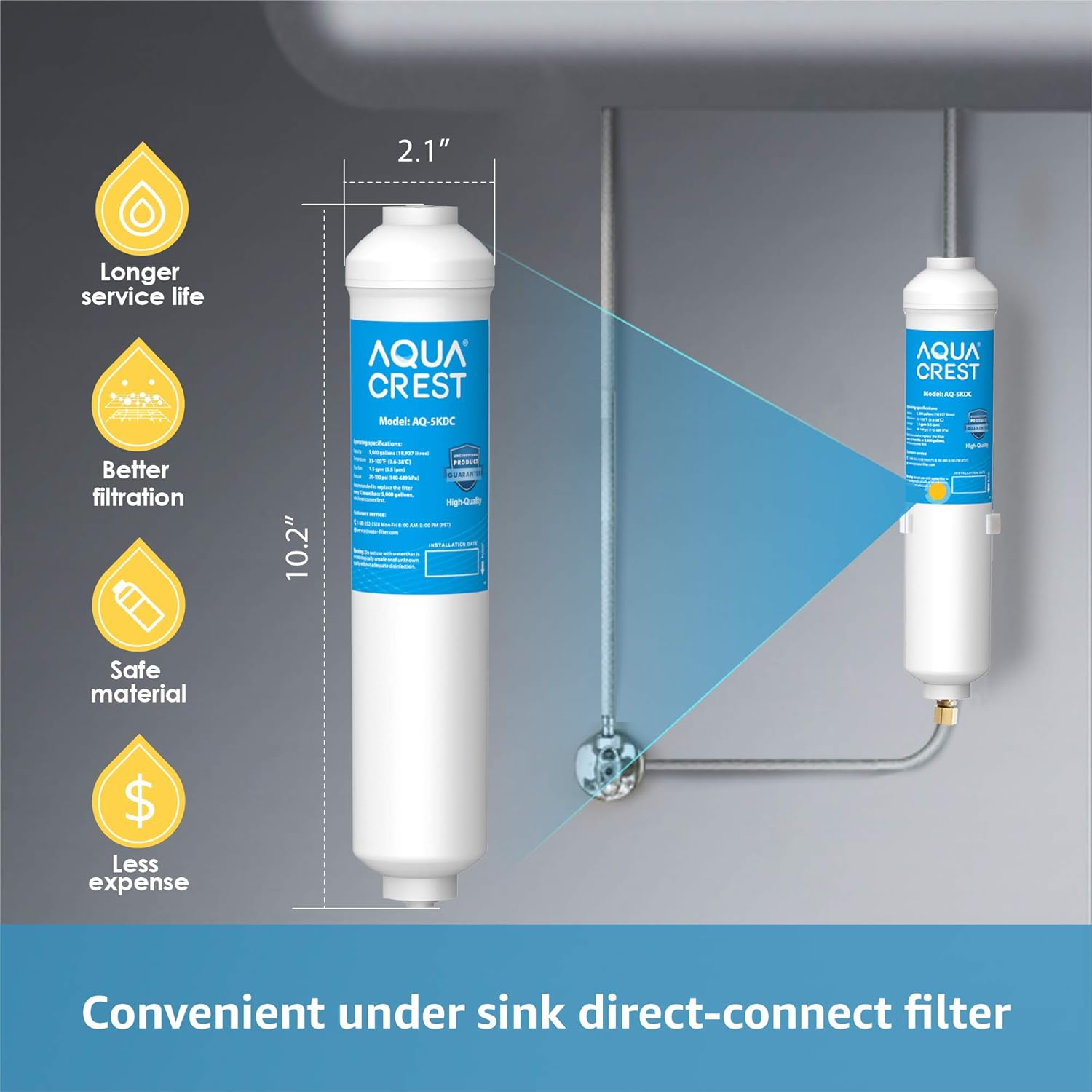 AQUACREST 5KDC Under Sink Water Filtration System, Direct Connect Under Sink Water Filter, NSF Certified 5K Gallons Ultra High Capacity, USA Tech - - 