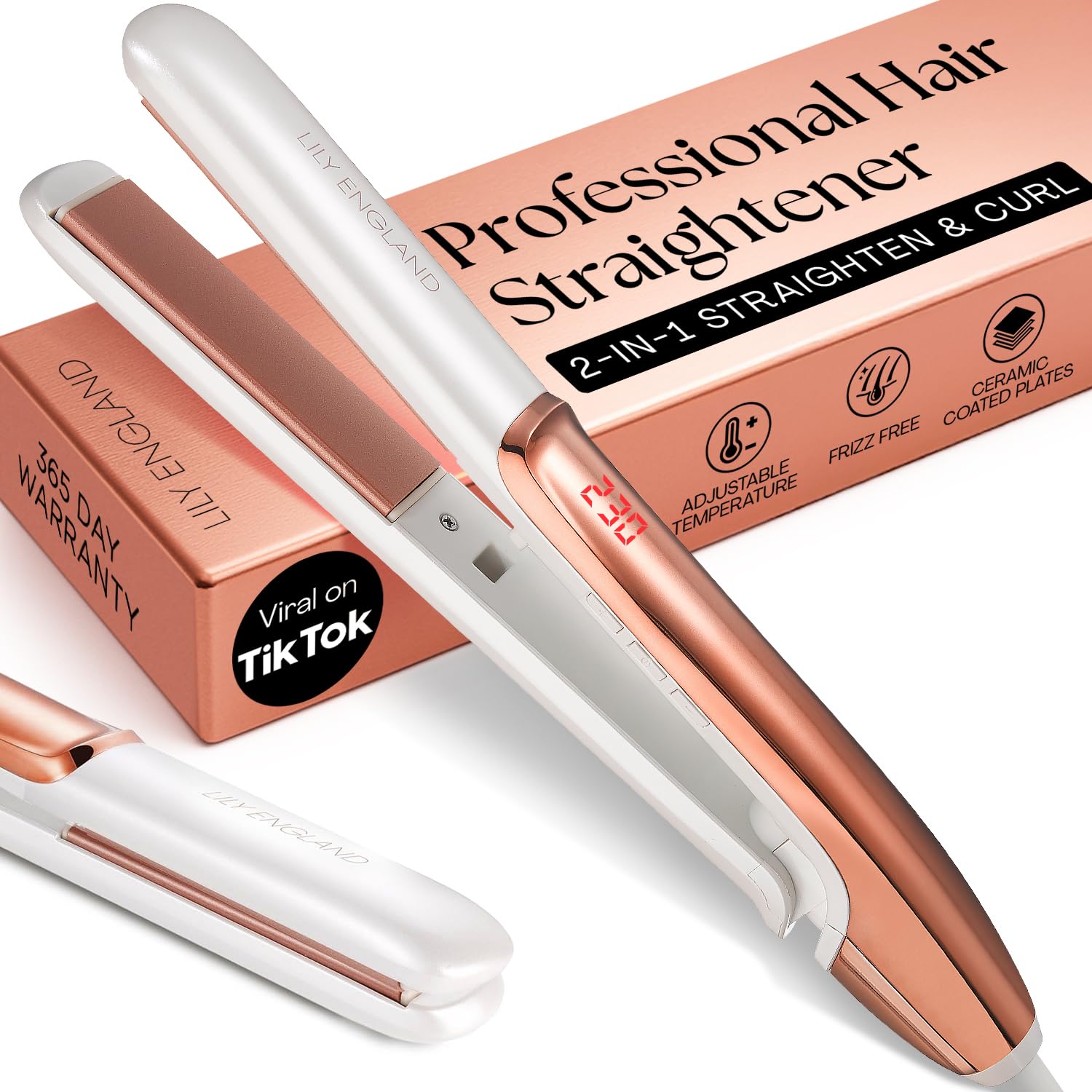 Lily England Hair Straightener and Curler, Adjustable Temperature, Dual Voltage 1 Inch Ceramic Rose Gold Flat Iron, Hair Straightener Curling Iron in One