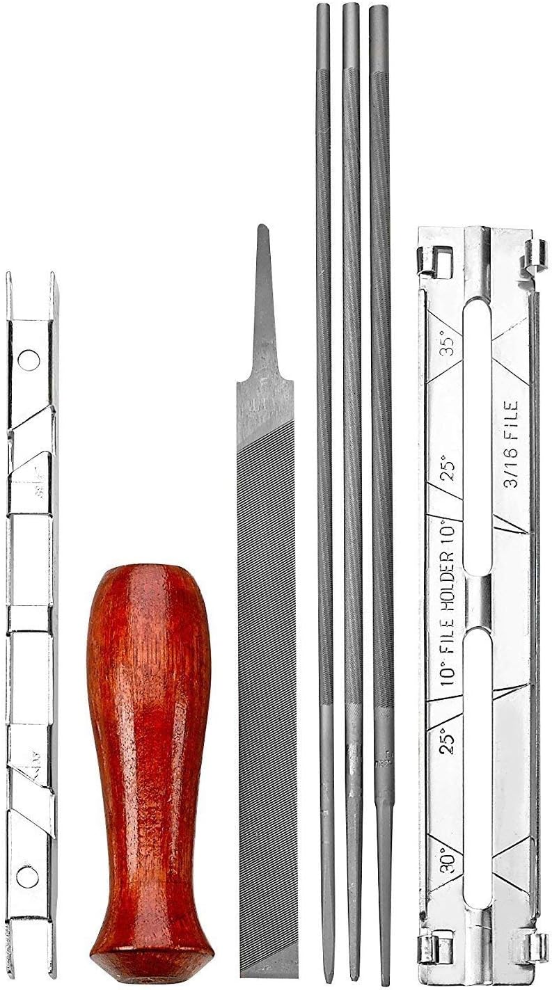 Katzco Chainsaw Sharpener File Kit - Contains 5/32, 3/16, and 7/32 Inch Files, Wood Handle, Depth Gauge, Filing Guide, and Tool Pouch - for Sharpening and Filing Chainsaws and Other Blades: Garden & Outdoor