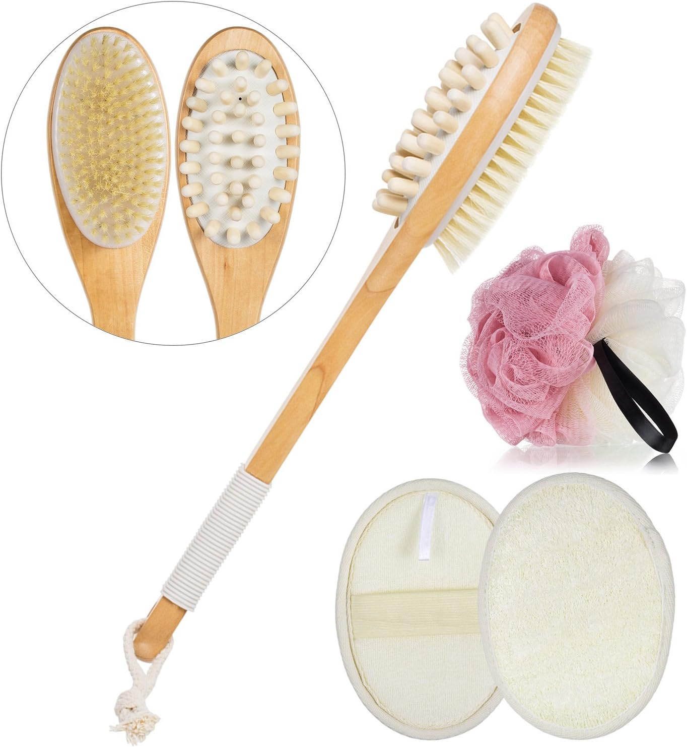 Body Brush Back Scrubber Set with Shower Loofah and Bath Sponge 100