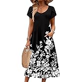 Zeagoo Womens Summer Short Sleeve Casual Midi Dresses Flowy Spring Tshirt Dress 2026 Flowers BlackXX-Large