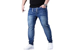 Djeanxa Men's Plus Size Straight Leg Jeans Stretch Drawstring Waist Jeans Big and Tall Pull On Jogger Denim Pants 2XL-6XL