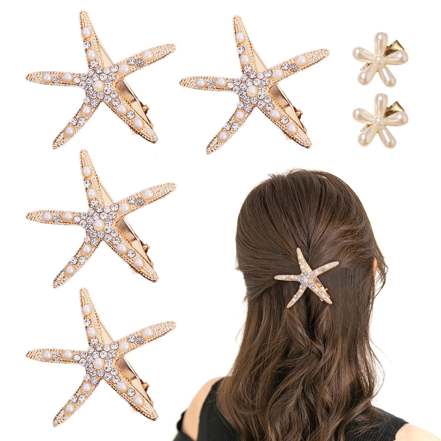 4 Starfish and 2 Flower Hair Clips, Wedding Accessories Diamond Clips, Elegant Non-Slip Hair Accessories for Girls, Flower Girl