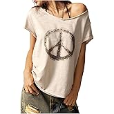 SHENHE Women's Peace Sign Shirt Off Shoulder Oversized Graphic Tee Y2k Punk Music Concert Top