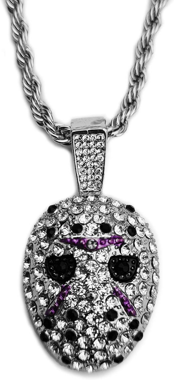 Hip Hop Iced White Gold Plated Jason Mask Pendant & 4mm 24" Rope Chain