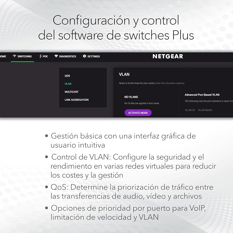 GS108E Switch de 8 Puertos Gigabit Ethernet Plus, gestionable, Montaje de sobremesa o en Pared y protección de por Vida Limitada