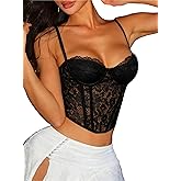 Benfoly Corset Tops for Women Sexy Mesh Sheer Lace Bustier Corset Top with Underwired Going Out Party Club Crop Cami Tops