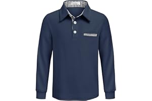 Arshiner Boy's Long Sleeve Plaid Trim Polo Shirt with Pocket for 4-12 Years