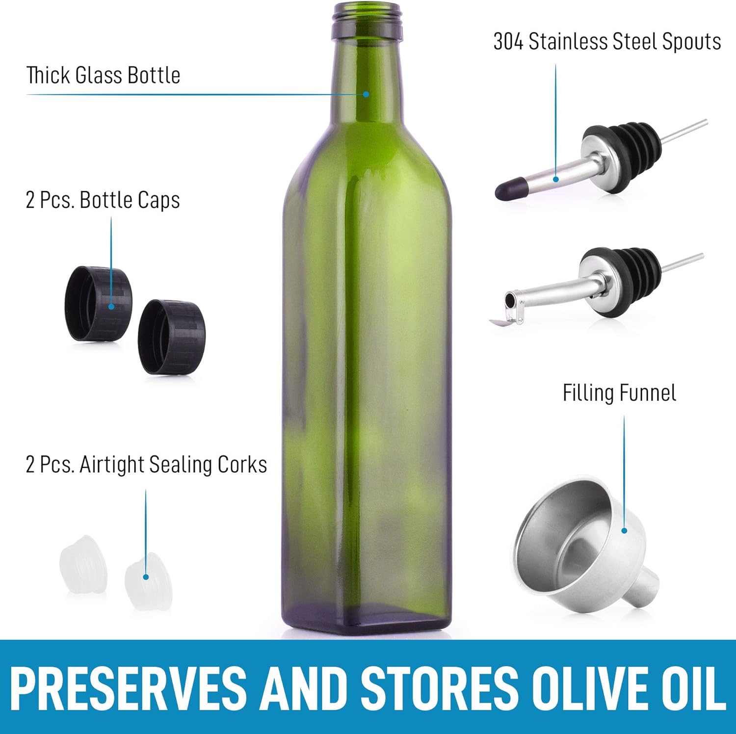 Zulay (17oz) Olive Oil Dispenser Bottle For Kitchen - Glass Olive Oil Bottle With 2 Spouts, 2 Removable Corks, 2 Caps, & 1 Funnel - Oil Bottle For Kitchen & Storing Liquids (Green Bottle): Kitchen & Dining