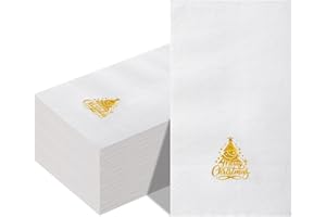 Gueevin 100 Pcs Christmas Disposable Paper Guest Napkin Gold Foil Merry Christmas Hand Towels Xmas Decorative Party Napkin for Bathroom Kitchen Lunch Dinner Table Wedding Supplies(White,Single Tree)