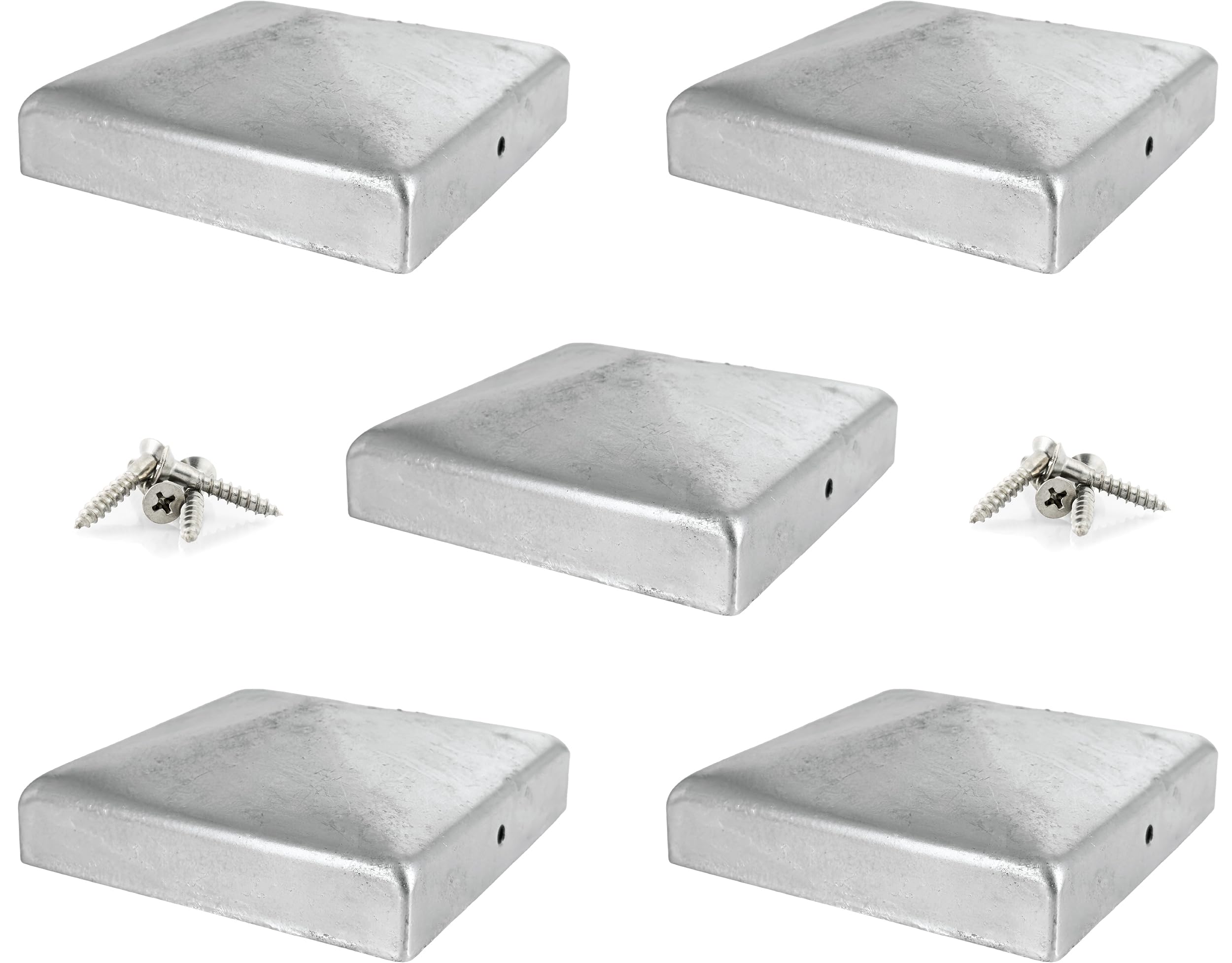 IRONTITE® 5 Pack Metal Fence Post Caps 4x4 Galvanised, Newel Post Cap Fence Toppers to Suit 100mm (4") Square Fence Newel Posts. Protect Your Posts with This Pyramid Fence Post Protector (GALV)