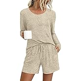 DouBCQ Womens Pajama Sets Ribbed Knit Lounge Set Long Sleeve Top and Shorts 2 Piece Casual Pjs with Pockets