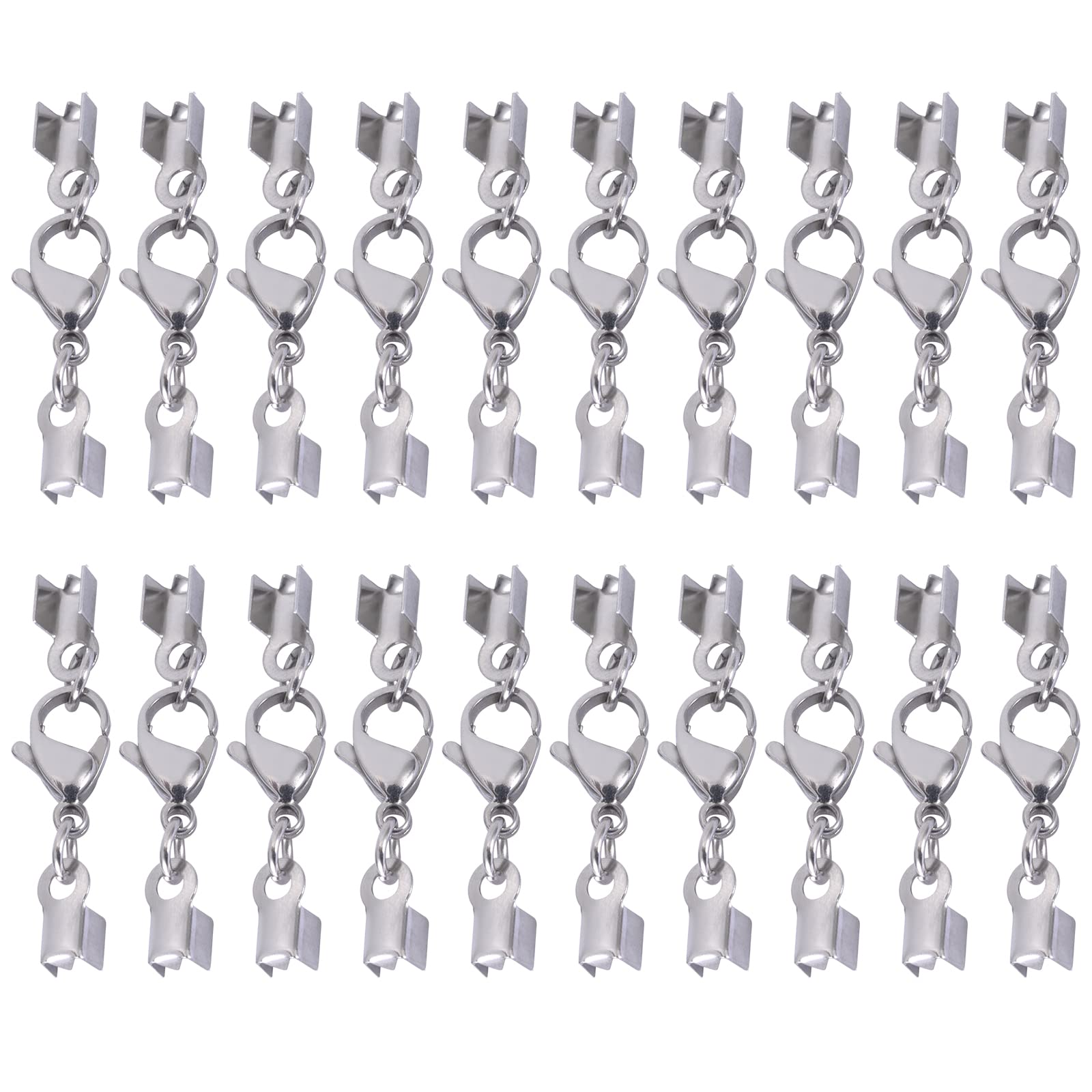 Cord End Cap for Jewelry Making with Lobster Clasps 4mm Stainless Steel Crimp End Tips for Necklace Bracelet Craft Making, Silver (20 Sets)