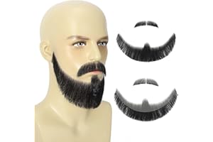 PARCERIA Fake Beard and Mustache Handmade with Human Hair, Full Beard Style with Larger Size and Fuller Look, Realistic Mustache with Soft Invisible Mesh for Costumes Facial Hair, Cosplay, Theatrical (Black)