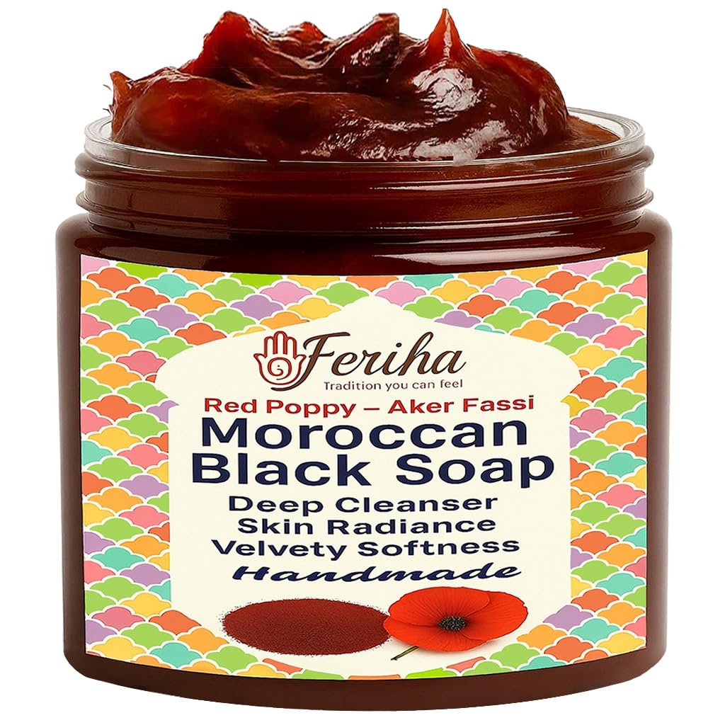 FERIHA Moroccan Black Soap with Aker Fassi – Red Poppy Petals & Pomegranate Shell – 100% Natural Artisan Beldi Hammam Soap for Radiance, Skin Firming & Deep Cleansing – Sourced & Crafted in Morocco