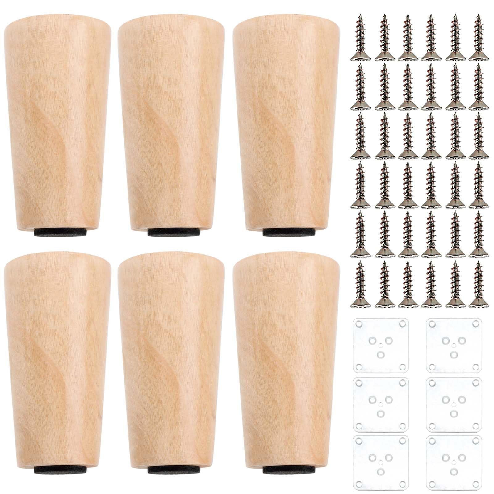 SINJEUN 6 PCS 10cm Wooden Furniture Legs, Wood Sofa Legs with Mounting Plate Screws and Anti-Slip Mats, Tapered Wood Legs Replacement Furniture Feet for Table, Sofa, Cabinet, Ottoman, Dresser
