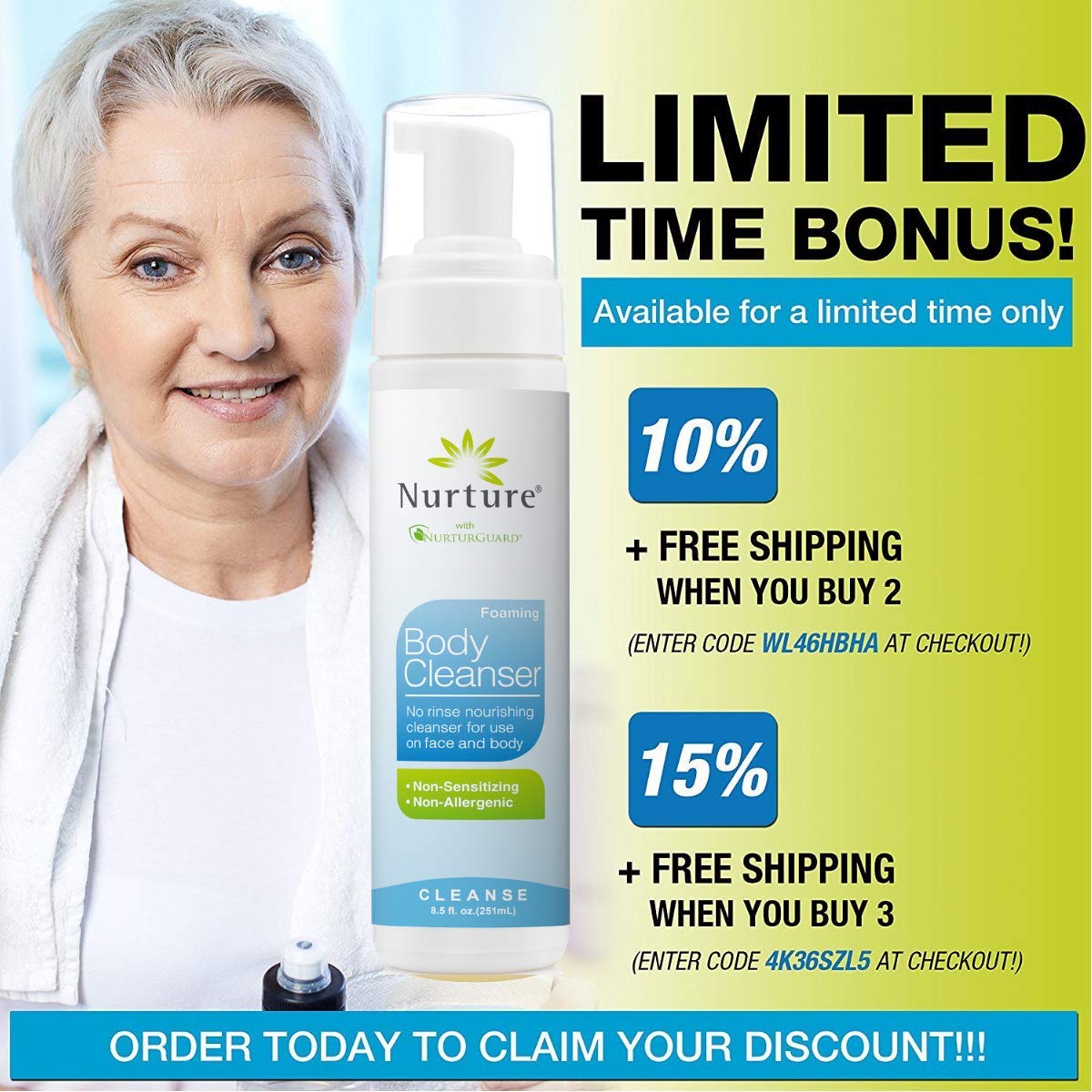 No Rinse Body Wash by Nurture | Full Body Cleansing Foam That Also Moisturizes, and Protects Skin - Non Allergenic - Non sensitizing - Rinse Free Wipe Away Cleanser - 3 Bottles : Beauty