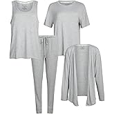 Live2Lounge Women's 4-Piece Pajama Set, Soft Hacci Knit Loungewear, Short Sleeve T-Shirt, Tank Top, Cardigan & Jogger Pants
