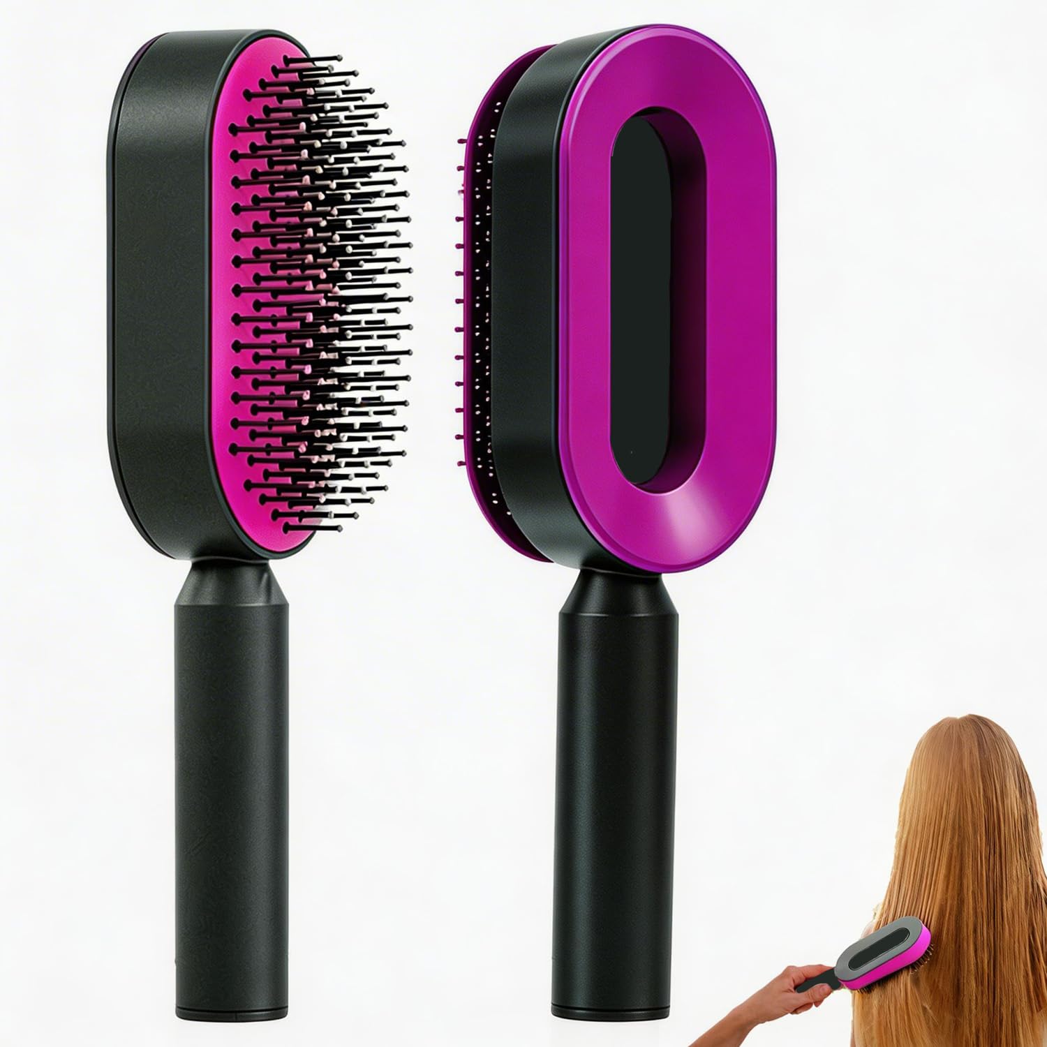 YUYTE Self Cleaning Hair Brush, Paddle Detangling Hairbrush Hair Comb for Women, Scalp Massage Rounded Comb, Great On Wet or Dry Hair (Rose Red)