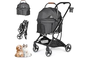 Beberoad Pets T3 Foldable Pet Stroller for Small Dogs & Cats – 3-in-1 Lightweight Design, 180° Canopy & Detachable Carrier (Black)