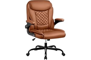 Guessky Office Chair,Executive Leather Chair Home Office Desk Chair with Adjustable Flip-Up Armrest Mid Back Lumbar Support Swivel Task Chair with Rocking Function