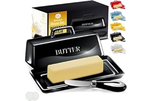 SMART HOUSE INC Ceramic Butter Dish Set with Lid and Knife - [Black]- Decorative Butter Stick Holder with Handle for 1 Stick of Butter - Microwave Safe, Dishwasher Safe - Anti-Scratch Stickers Included.