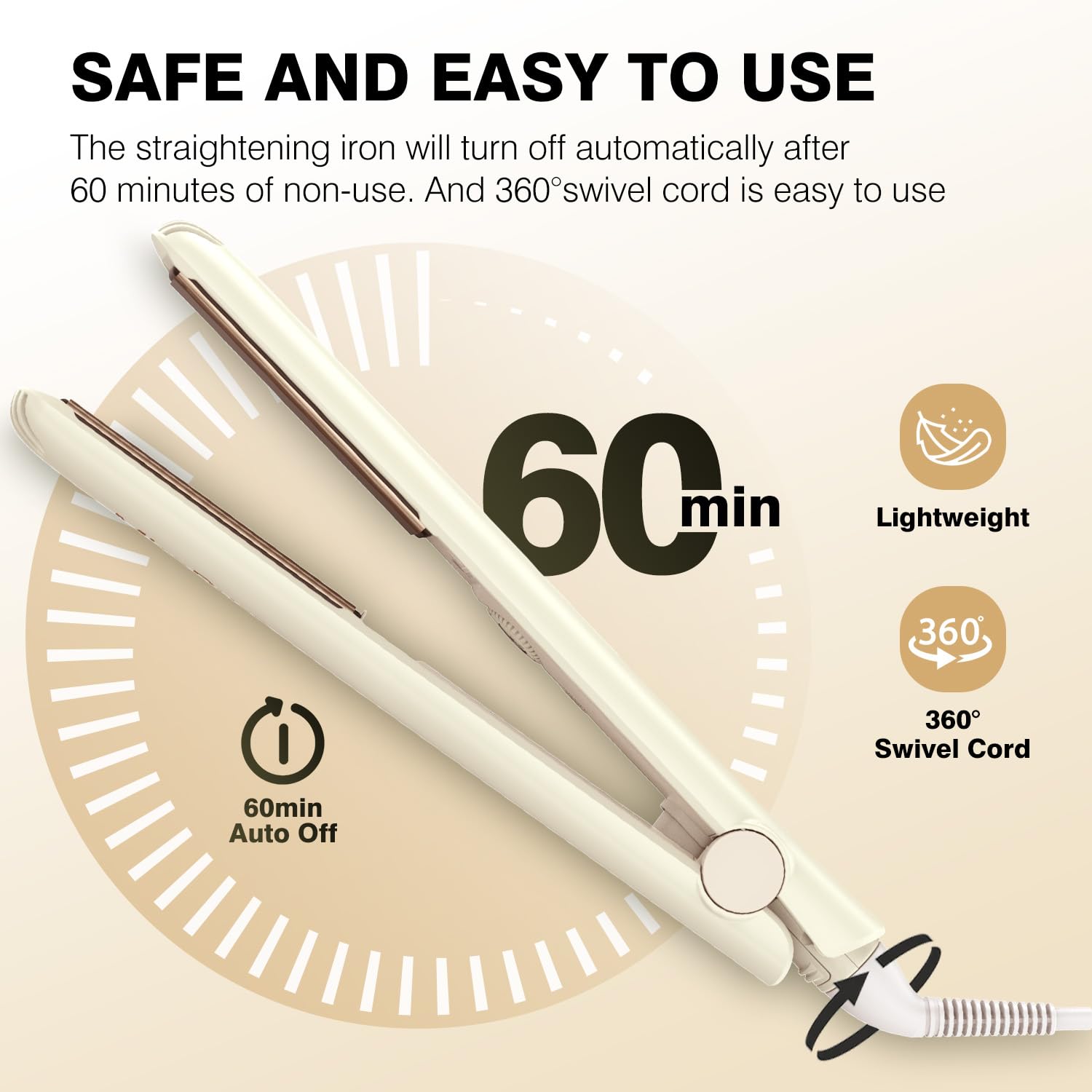 MiroPure 1 Inch Flat Iron, Hair Straightener with 30S Fast Heating & 60min Auto Shut-Off, Hair Straightener and Curler 2 in 1 with 3D Ceramic Floating Plates, Beige