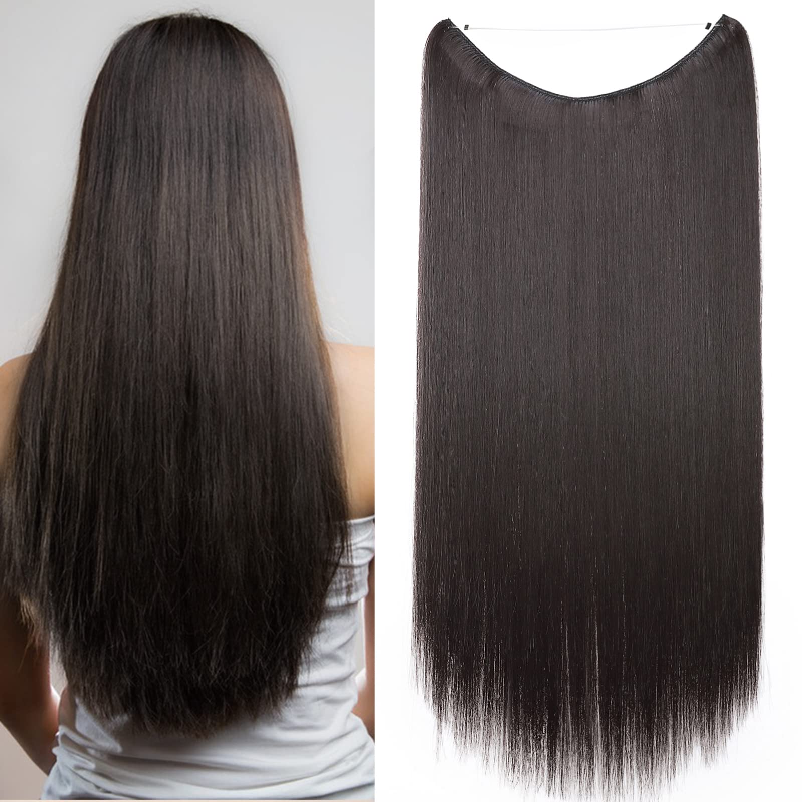 Secret Headband Wire in Natural Hair Extensions Rubber Band Straight Curly Wavy Hairpieces Brown Blonde Ombre for Women 24" Straight - Dark brown