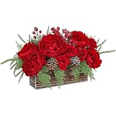 Christmas Centerpiece with Flowers Artificial, Frosted Pine Cones & Berries | Xmas Floral Arrangement with Red Peonies Roses & Norfolk Pine in Wood Planter for Dining Table Decorations Home Mantel Décor
