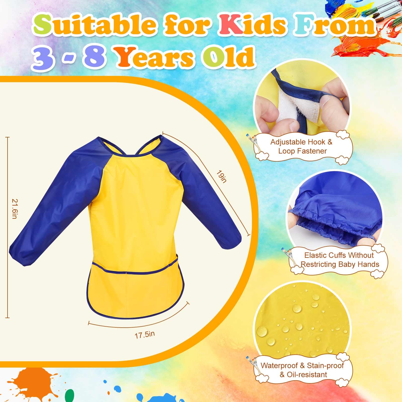 Kids Art Smocks 2 Pack, Toddler Smock Waterproof Artist Painting Aprons Long with Long Sleeve & 3 Pockets for Age 3-8