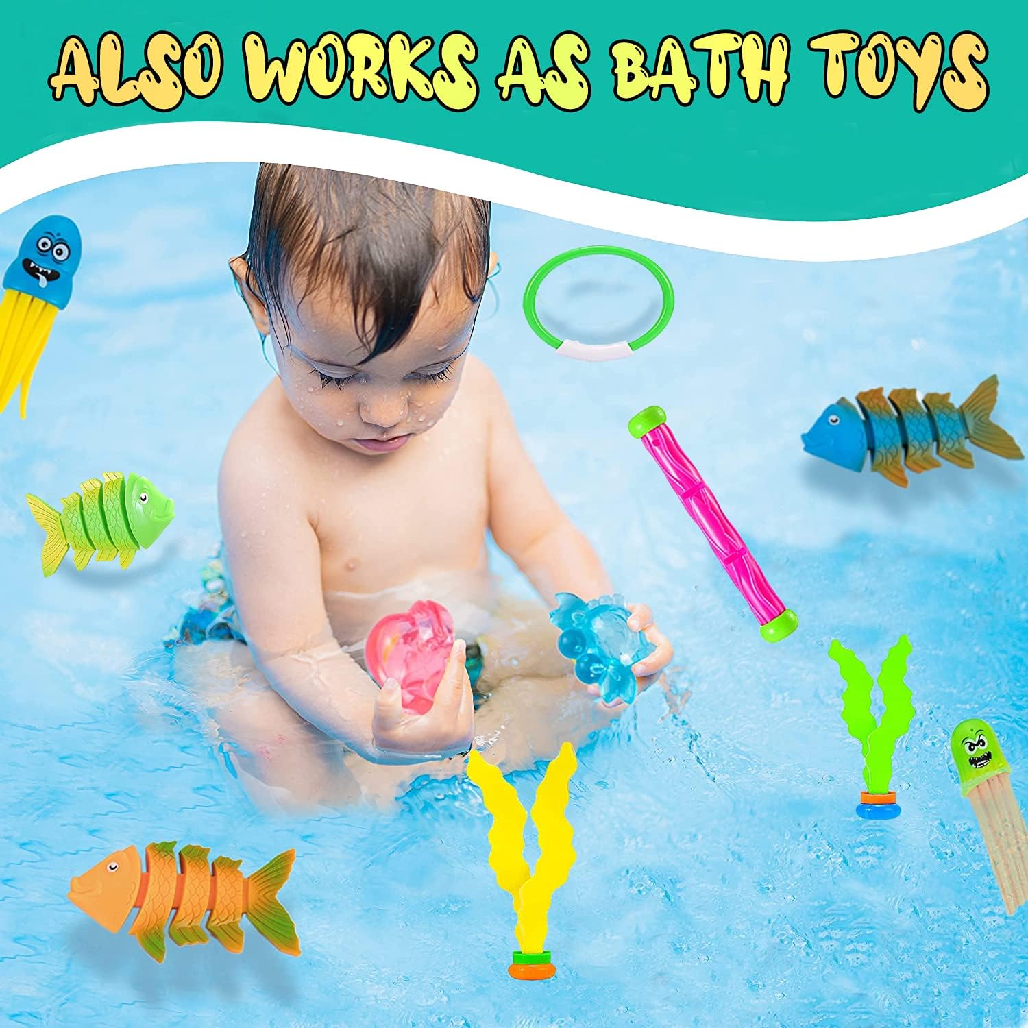 Cakuni Underwater Swim Pool Diving Toys - Summer Swimming Dive Toy Sets - Water Rings,Sticks,Octopus,Fish & Balls for Kids: Toys & Games