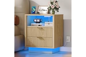 GOLDDAY Nightstand with Charging Station & LED Light, 2-Drawer Bedside Table with Outlets, Modern End Table with Open Shelf, 