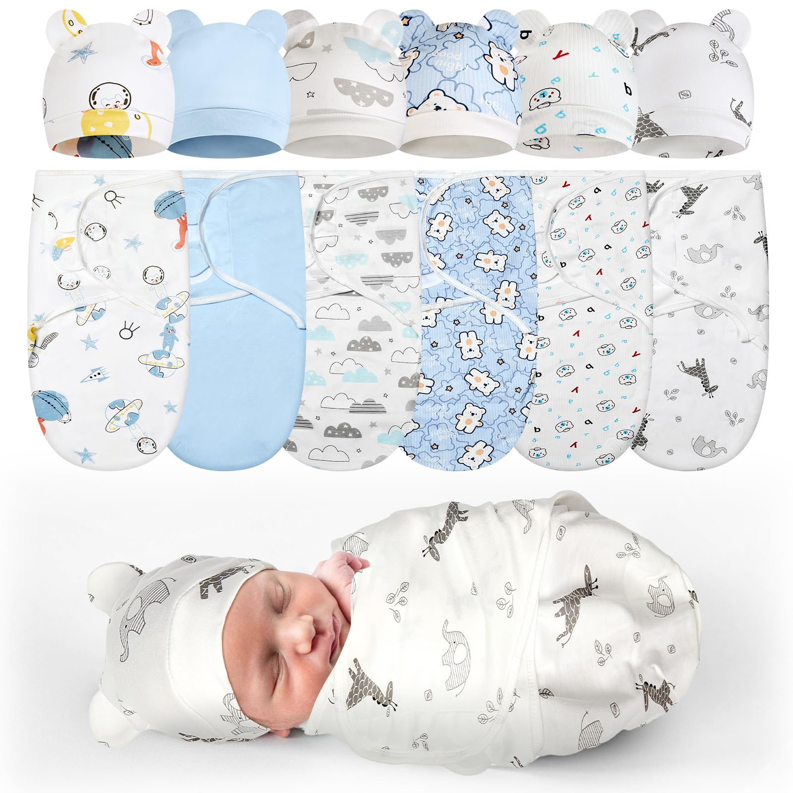 Photo 1 of Ramede 6 Pack Preemie Swaddle Blanket with Hats Sleep Swaddle for Baby Boy Girl Preemie Newborn Sacks Soft Cotton Wearable(Planet,Blue)