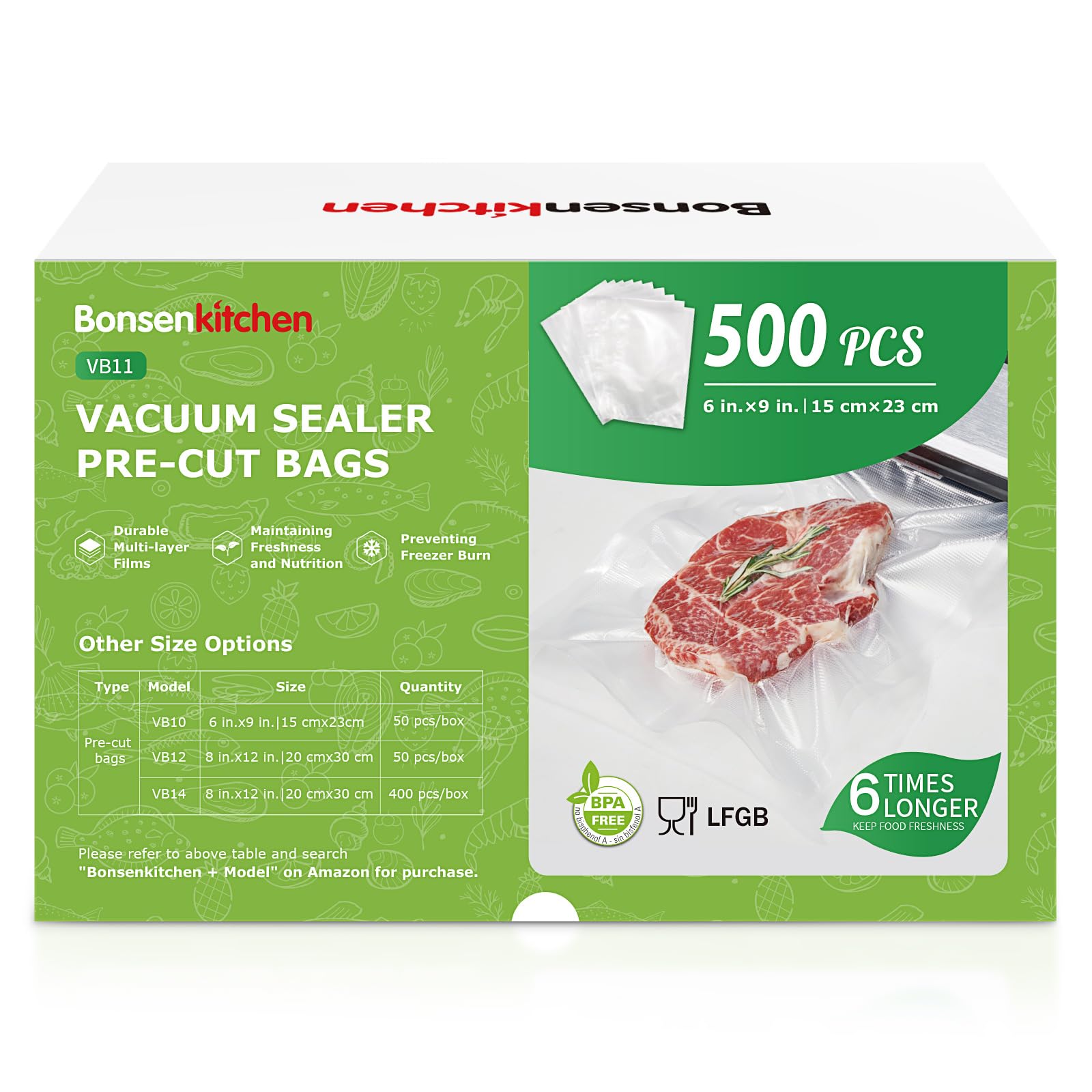 Photo 1 of Bonsenkitchen Precut Vacuum Sealer Bags, 500 Pint 6" x 9" Food Sealer Bags,Commercial Grade, BPA Free, Heavy Duty, Customized Size Vacuum Bags for Vac Storage, Meal Prep or Sous Vide Cooking, VB11