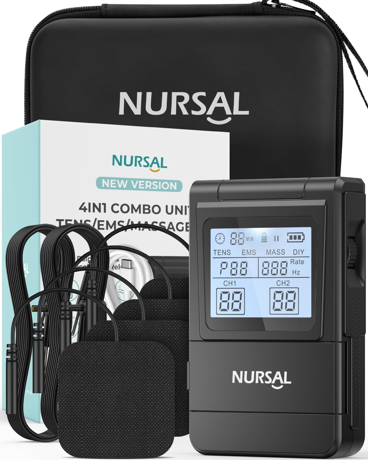 Photo 1 of NURSAL Tens Unit Muscle Stimulator, 4 in 1 TENS EMS Machine with 25 Modes Include DIY, 40 Intensities Electric Massager for Shoulder, Back Pain Relief, TENS Pads, A Carry Case