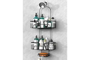 KEGII Hanging Shower Caddy Over Shower Head, Shower Organizer Hanging with Soap Holder, Shower Rack Storage with Hooks for Razor, Black Shower Accessories