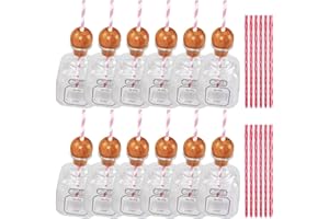 Xwehni 375ml Patron Mini Plastic Bottle with Cork, Bottles Empty for Drinks, Reusable Liquor Cups with Straw Hole, Clear Shot Plastic for Drinks, Champagne, Wine, Alcohol, Tequila, with Straw(12pcs)