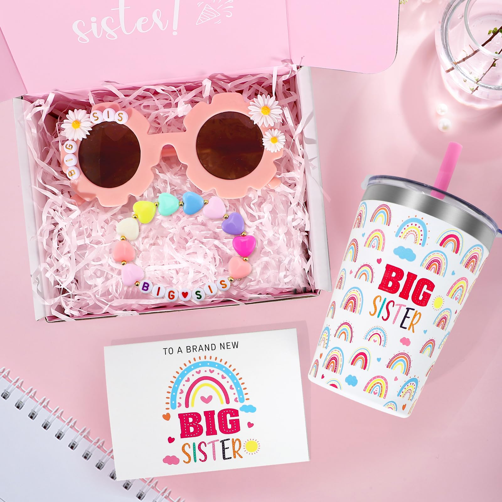 iAOVUEBY Big Sister Gifts for Girls, 3PCS Big Sister Gift Includes 12 oz Pink Tumbler Cup Sunglasses Bracelet Sibling Gift From New Baby, Big Sister Announcement Gifts for Girls Age 2-8