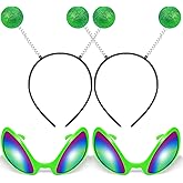 4Pcs Halloween Green Headband and Glasses Set Boppers Antenna Headband Rainbow Lens Sunglasses for Alien Theme Halloween Cosplay Party Supplies