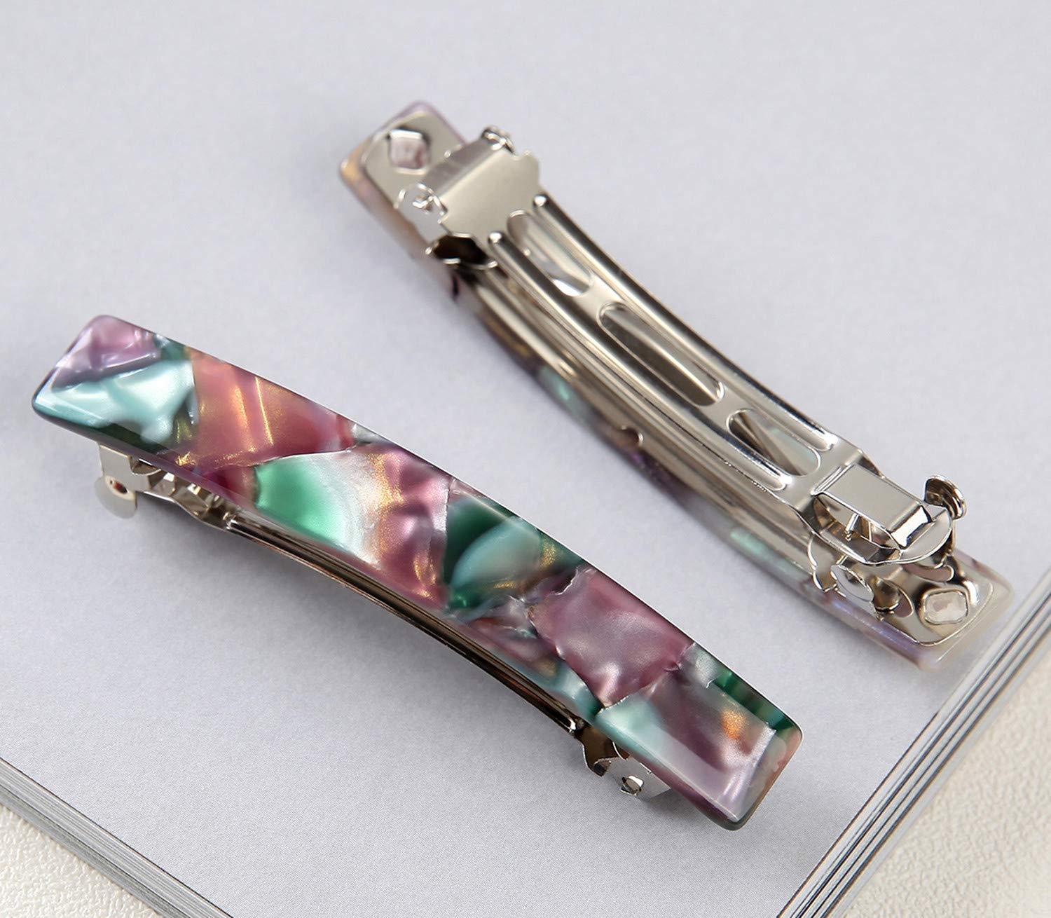 2 Pack Cellulose Acetate French Style Hair Barrettes Medium Automatic Tortoise Shell Rectangle Hair Clip for Women : Beauty