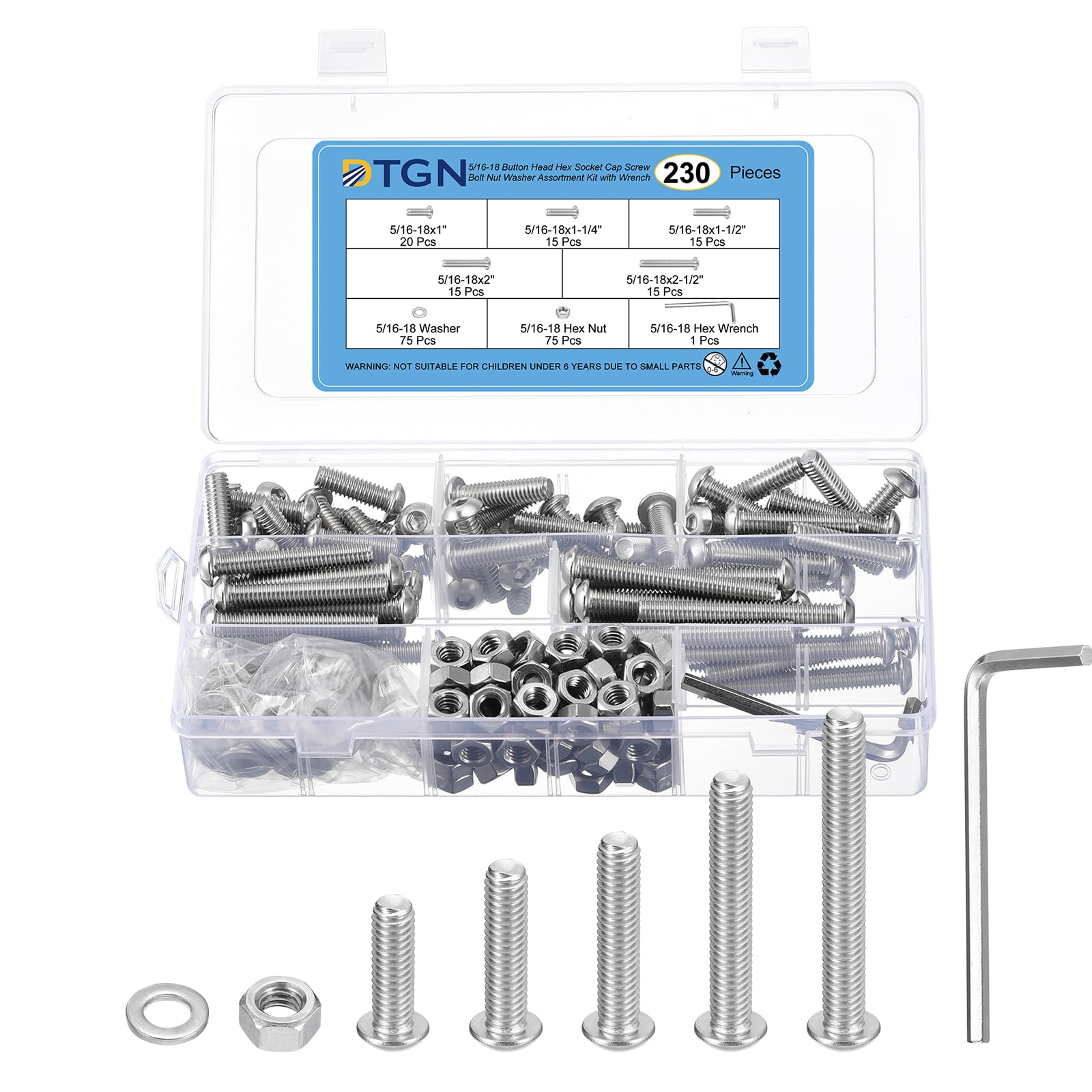 DTGN 230Pcs 5/16"-18 Button Head Socket Cap Screws - 304 Stainless Steel UNC Thread 1",1-1/4",1-1/2",2",2-1/2" Bolt Nut Set Washer Assortment Kit & Wrench - Good for Machine