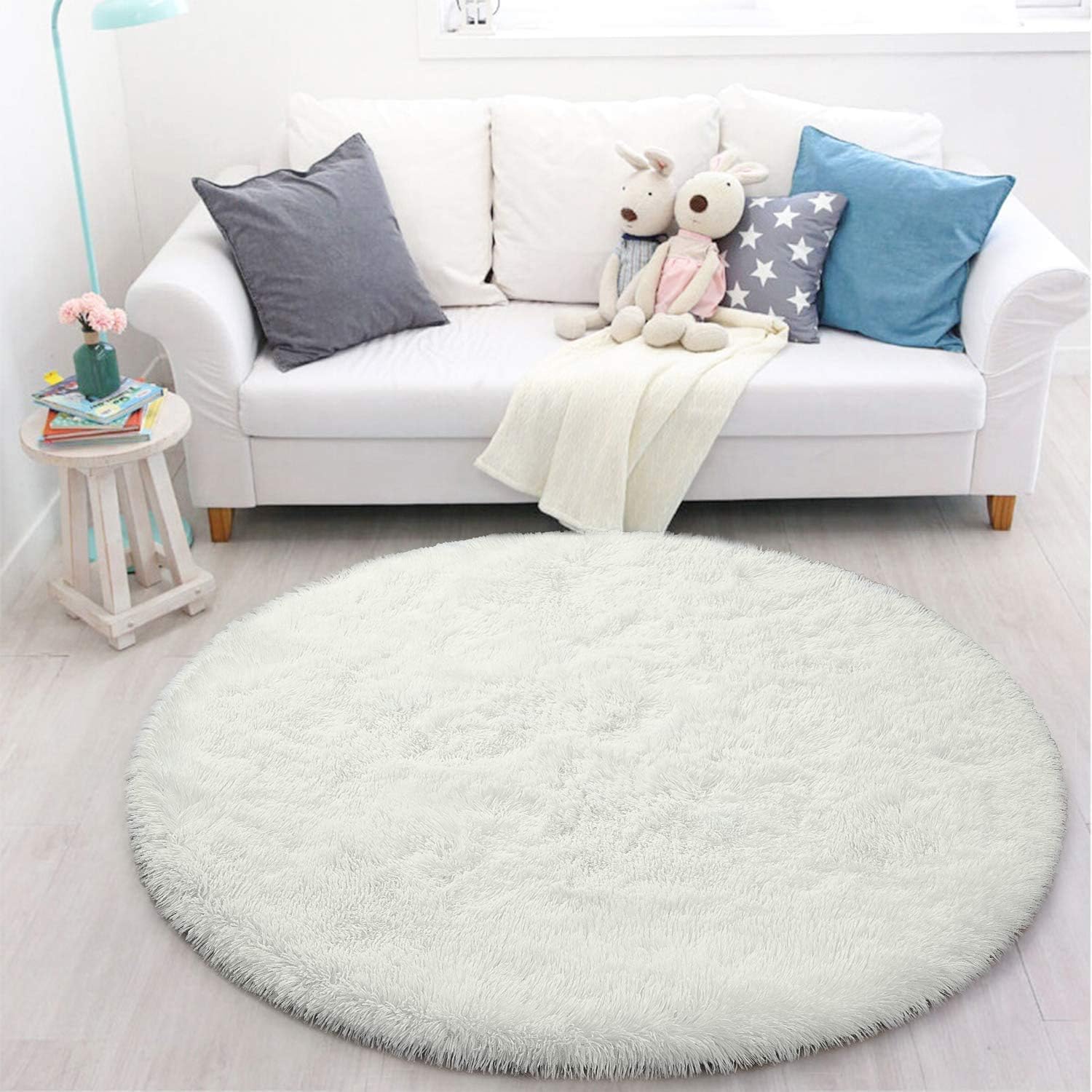 Tinyboy-hbq Round Area Rugs Fluffy Bedroom Rug Shaggy Bedroom Bedside Household Carpet Soft Modern Plush Carpets Suitable for Home Decor(White, Diameter 140cm)